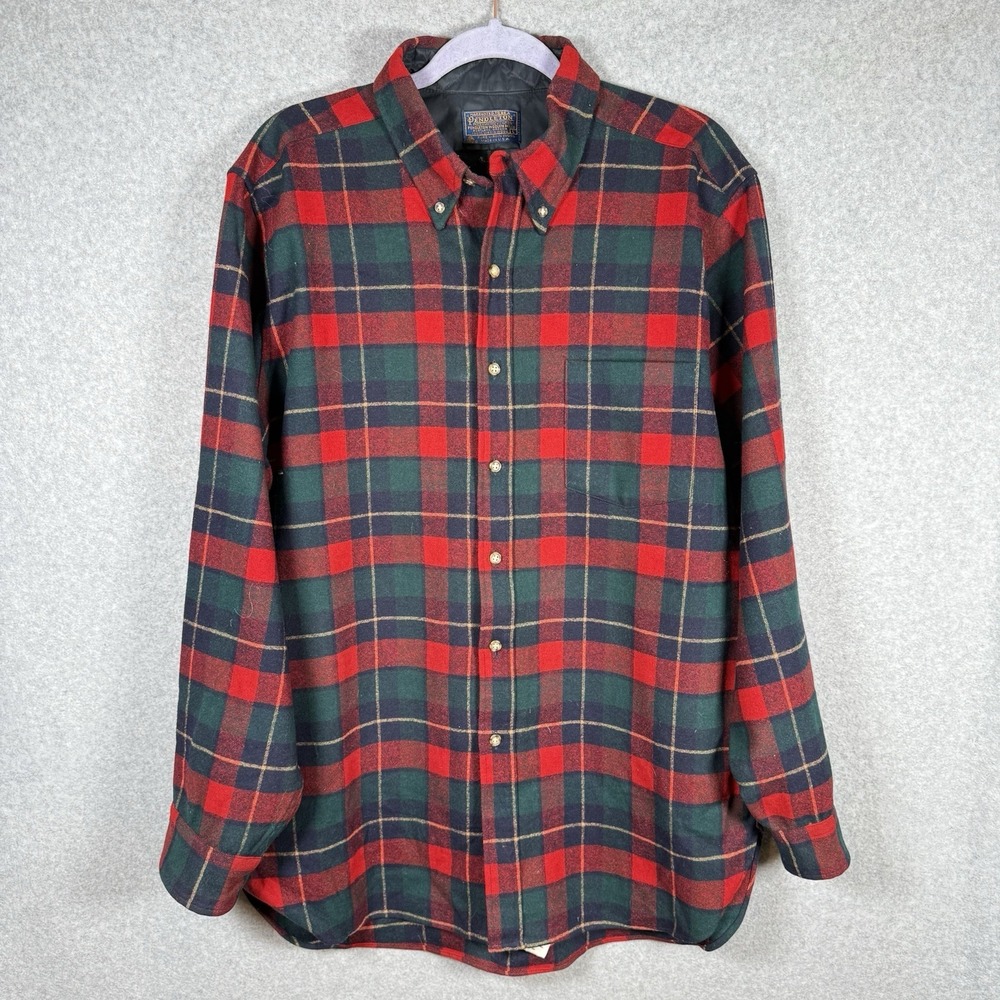 PENDLETON Men's L Pure Virgin Wool Red Green & Blue Plaid Shirt Vintage 60s